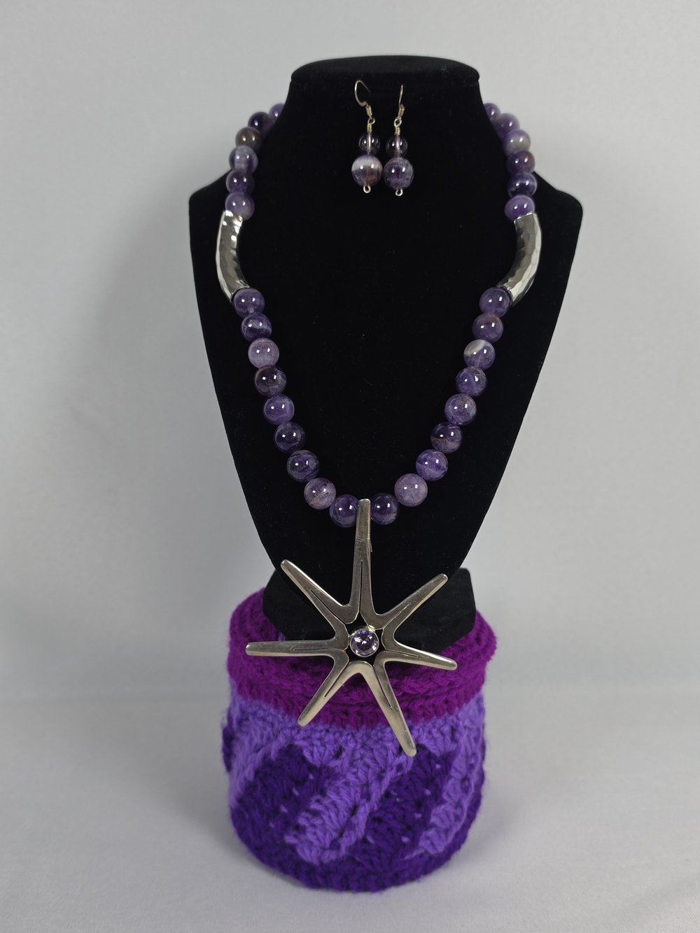 Amethyst Sterling Silver 925 Starburst Pendant Necklace & Earring Set Handmade